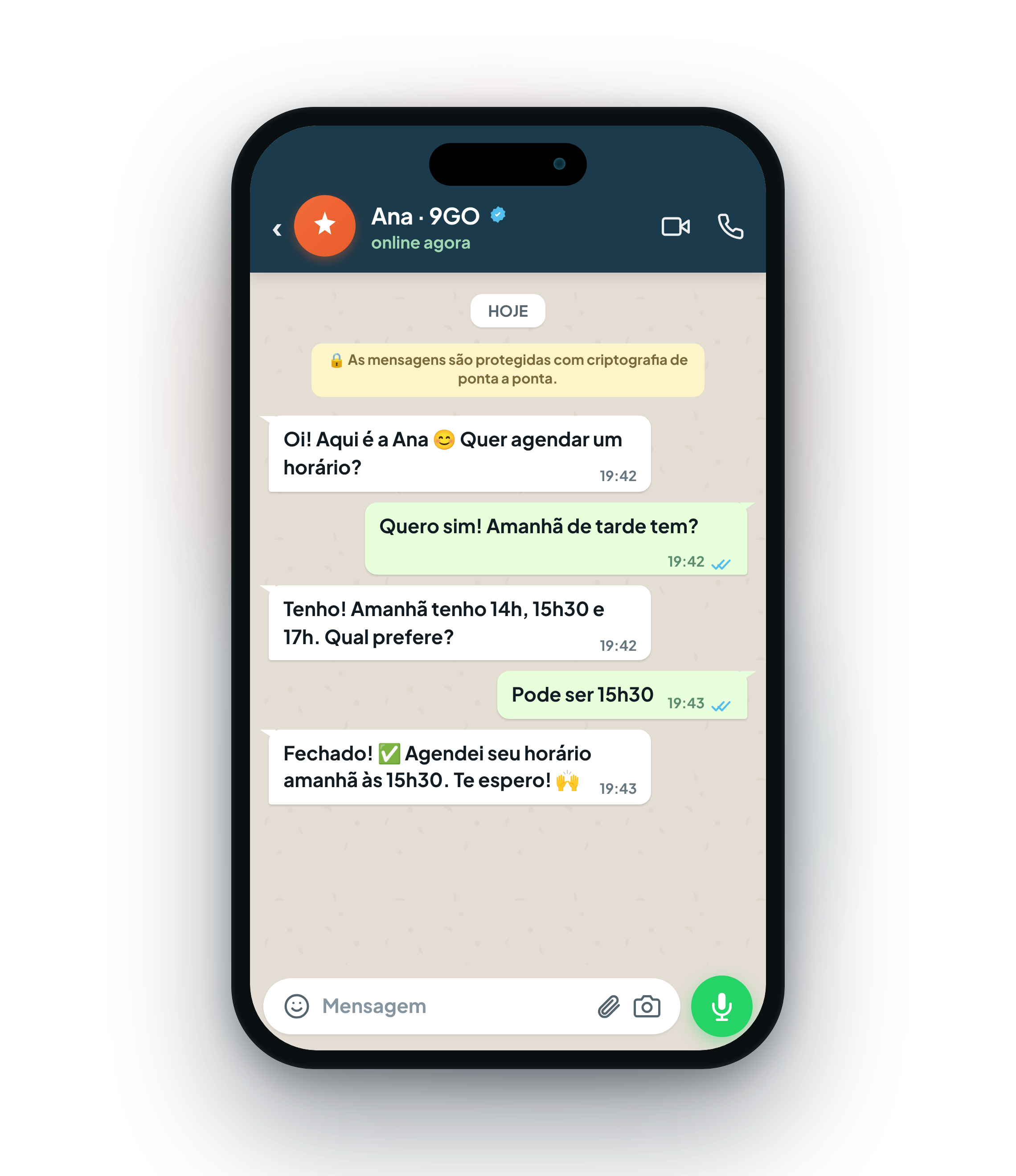 Conversa no WhatsApp: um cliente agenda um horário com a Ana, a secretária virtual com Inteligência Artificial do 9GO
